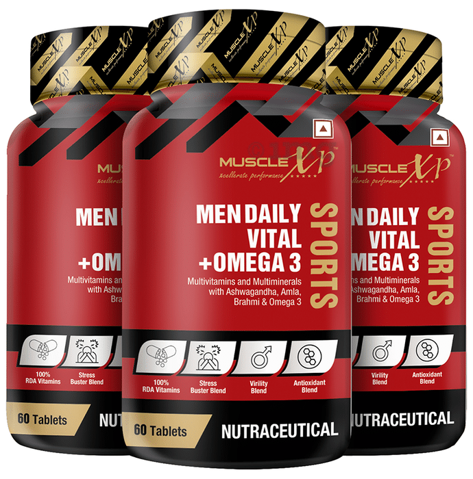 MuscleXP Men Daily Vital + Omega 3 Sprots Multivitamins and Multiminerals with Ashwagandha, Amla, Brahmi & Omega 3 Tablet (60 Each)