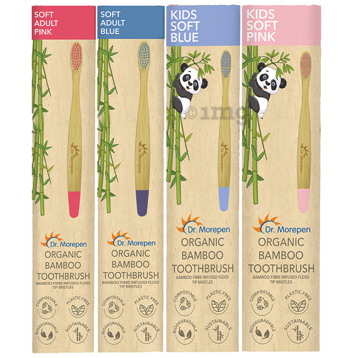 Dr. Morepen Combo Family Pack of Organic Bamboo Toothbrush Soft 2 Adult & 2 Kids 2 Pink & 2 Blue