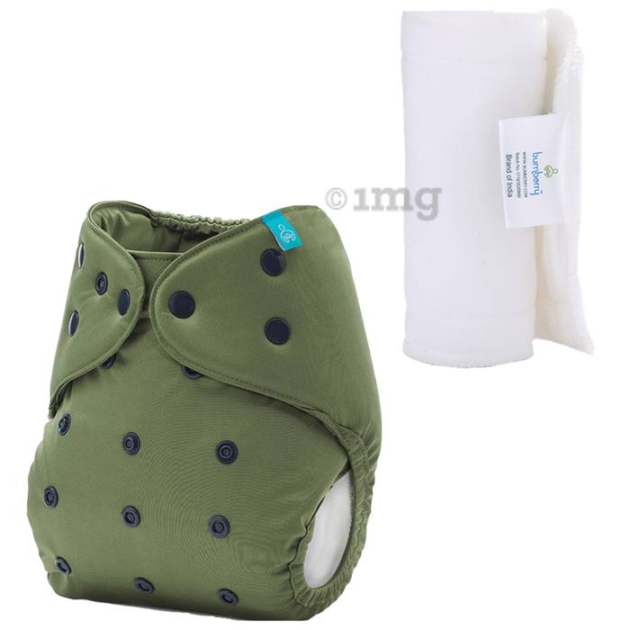 Bumberry Adjustable Reusable Cloth Pocket Diaper With 1 Three-Layer Microfiber Inserts for Babies Olive