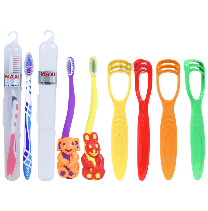 Maxi Oral Care Family Pack of 2 Bingo Junior Toothbrush, 2 Adult For You Toothbrush and 4 Tongue Cleaner 1 Number