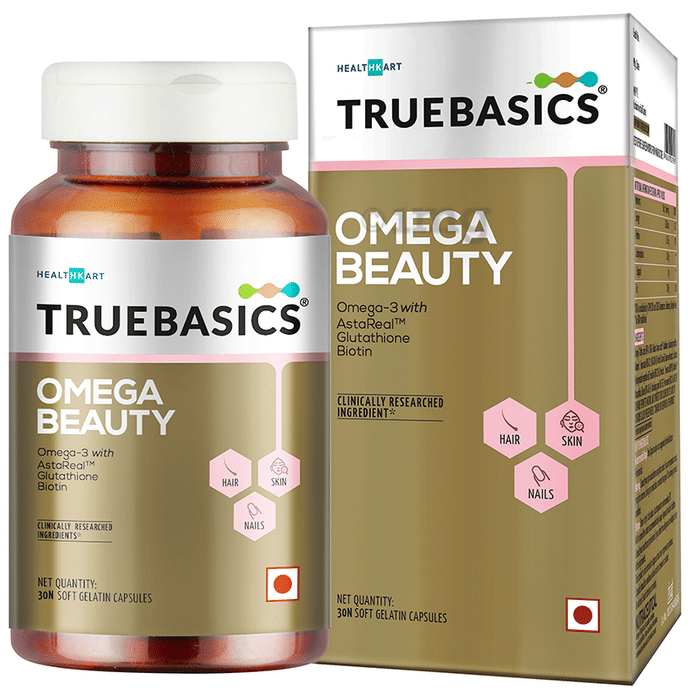 TrueBasics Omega 3 Beauty with Astaxanthin, Glutathione & Biotin | For Hair, Skin & Nails | Soft Gelatin Capsule