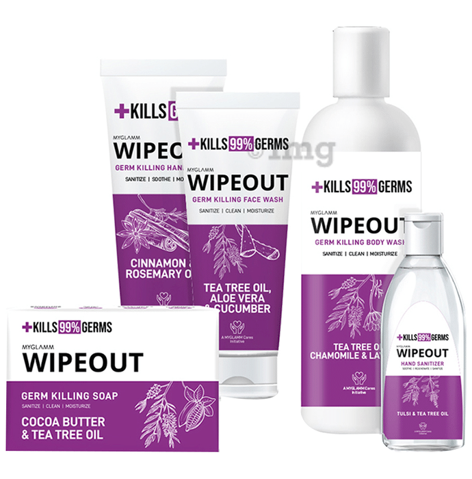 Myglamm Combo Pack of Wipeout Germ Killing Hand Cream (60gm),Wipeout Germ Killing Face Wash (60gm), Wipeout Germ Killing Body Wash (200ml), Wipeout Germ Killing Soap (75gm) & Wipeout Hand Sanitizer (30ml)