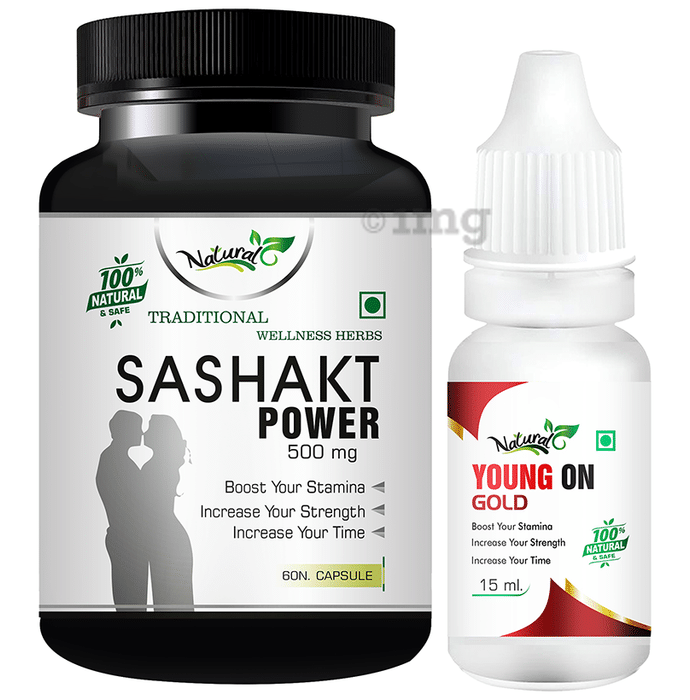 Natural Combo Pack of Sashakt Power 500mg, 60 Capsules & Young On Gold 15ml