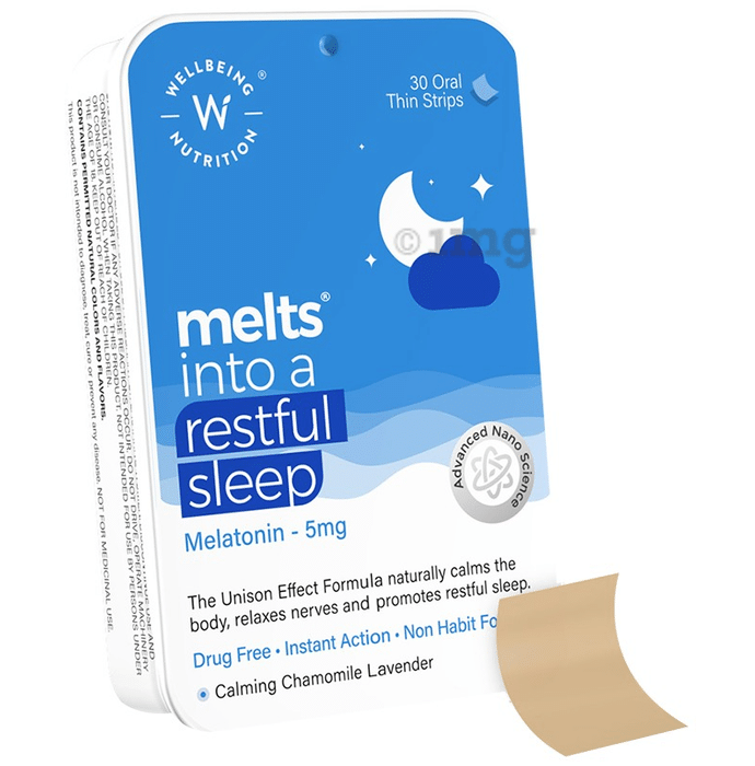 Wellbeing Nutrition Melts into a Restful Sleep Melatonin 5mg Oral Thin Strip Calming Chamomile Lavender