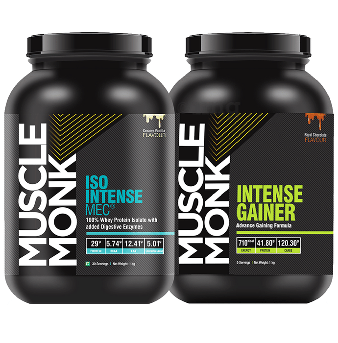 Muscle Monk Combo Pack of Iso Intense MEC 100% Whey Protein Isolate & Intense Gainer (1kg Each) Creamy Vanilla & Royal Chocolate