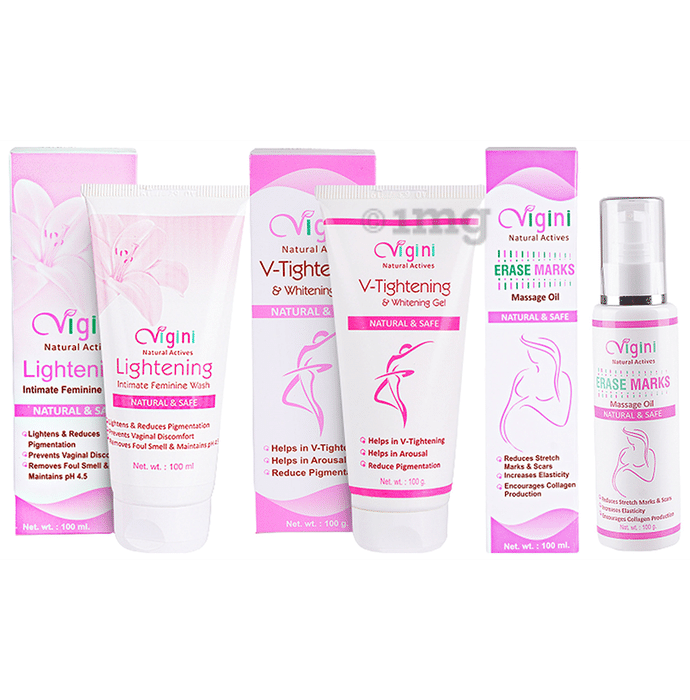 Vigini Combo Pack of V-Tightening & Whitening Gel 100gm, Erase Marks Massage Oil 100ml and Lightening Intimate Feminine Wash 100ml
