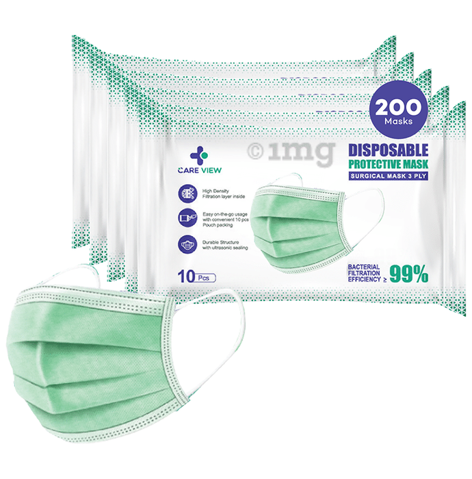 Care View 3 Ply Surgical Disposable Protective Mask (10 Each) Green