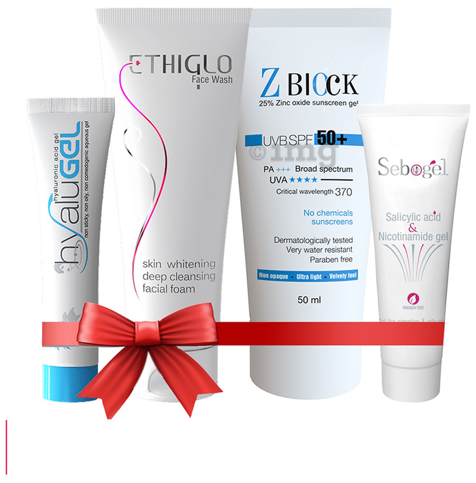 Ethicare Remedies Combo Pack of Hyalugel 30gm, Ethiglo Facewash 70ml, Z Block UVB SPF 50+ Sunscreen Gel 50ml & Sebogel 30gm