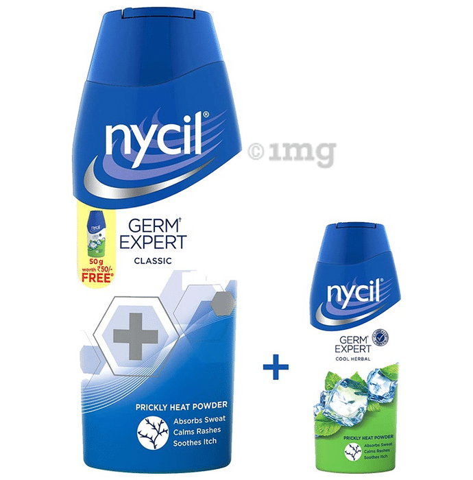Nycil Germ Expert Classic Prickly Heat Powder with Nycil Cool Herbal 50gm Free