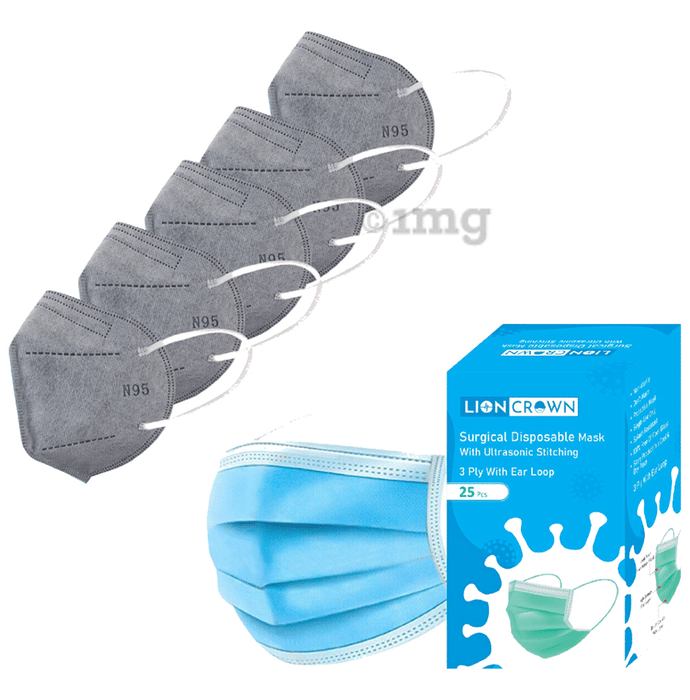 Lioncrown Combo Pack of N95 Grey Mask (5) & 3 Ply Surgical Disposable Mask (25)