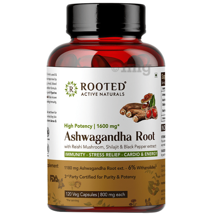 Rooted Active Naturals High Potency Ashwagandha Root with Reishi Mushroom, Shilajit & Black Pepper Extract 1600mg Veg Capsule