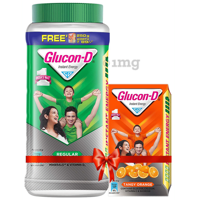 Glucon-D Instant Energy Health Drink Regular with 250gm Glucon-D Refill Tangy Orange Free