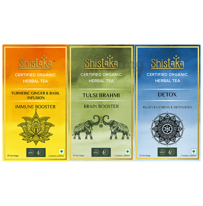 Shistaka Combo Pack of Certified Organic Herbal Tea (1.8gm Each) Turmeric Ginger & Basil Infusion,Tulsi Brahmi & Detox