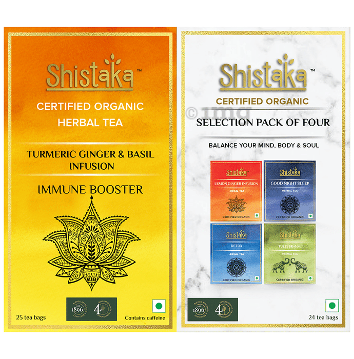 Shistaka Combo Pack of Certified Organic Herbal Tea (1.8gm Each) Selection Pack of Four & Turmeric Ginger & Basil Infusion