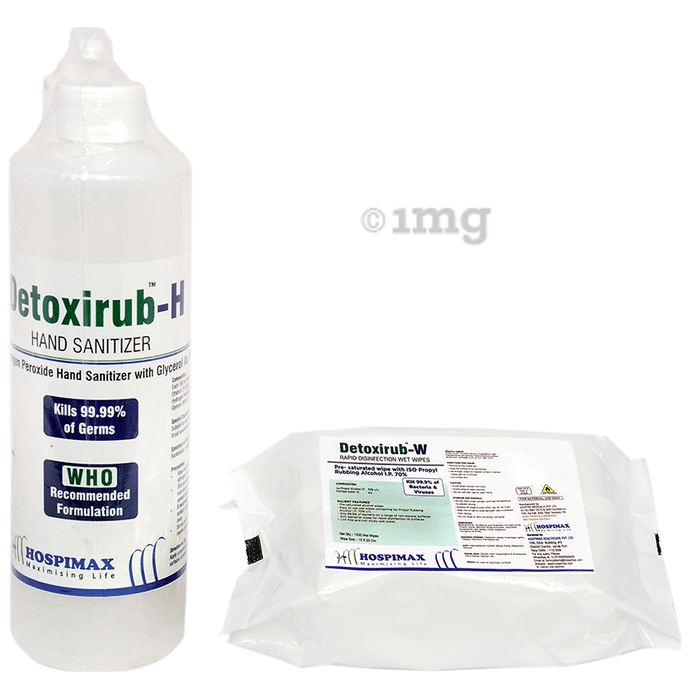 Detoxirub Combo Pack of Detoxirub-H Hand Sanitizer with Dispenser 500ml & Detoxirub-W Rapid Disinfection 30 Wet Wipes