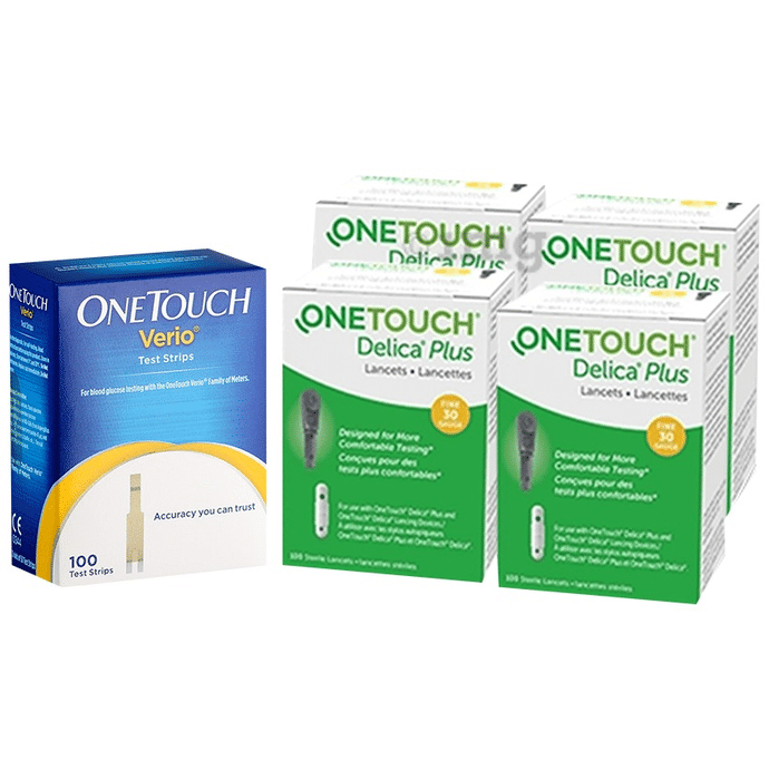 Combo Pack of OneTouch Verio 100 Test Strip & 4 Pack of OneTouch Delica Plus 25 Lancet