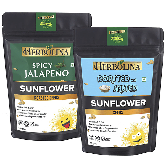 Herbolina Sunflower Seeds & Sunflower Roasted Seeds (150gm Each) Roasted & Salted, Spicy Jalapeno