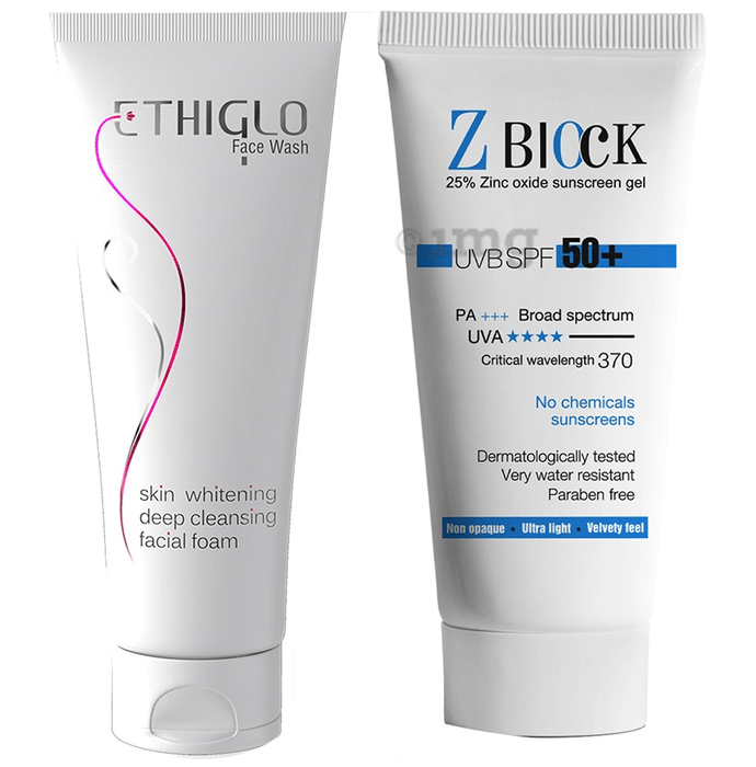 Ethicare Remedies Combo Pack of Ethiglo Face Wash 70ml & Z Block UVB SPF 50+ Sunscreen Gel 50ml