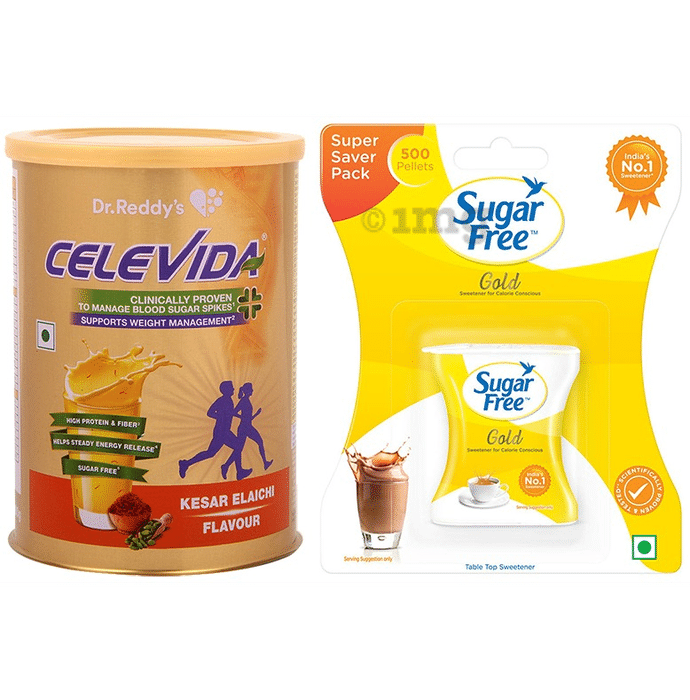 Combo Pack of Celevida Kesar Elaichi Nutrition Health Drink 400gm & Sugar Free Gold Low Calorie Sweetener Super Saver Pack 500 Pellet