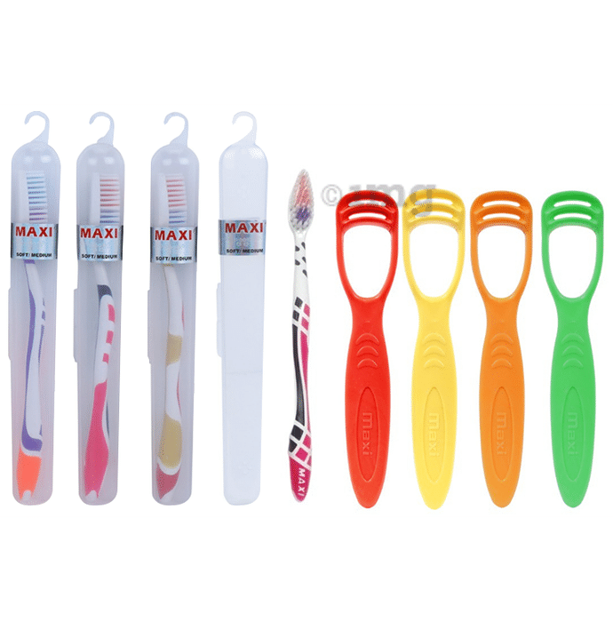Maxi Oral Care Travel Pack of 4 Travel Packs For You Toothbrush & 4 Tongue Cleaner 1 Number