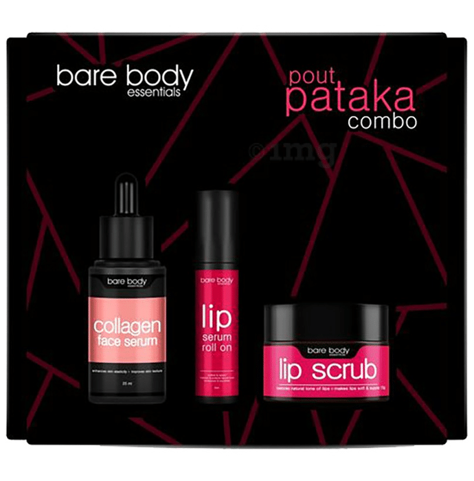 Bare Body Essentials Pout Pataka Combo of Collagen Face Serum 25ml, Lip Serum Roll On 8ml and Lip Scrub 15gm