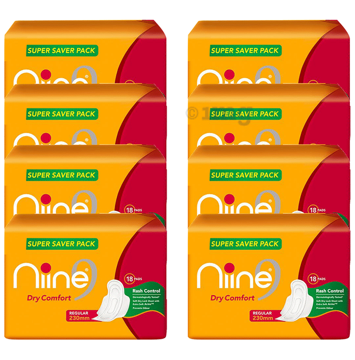 Niine Dry Comfort Sanitary Pads for Women with Anti Leak Flow Channel Technology (18 Each) Regular Super Saver Pack