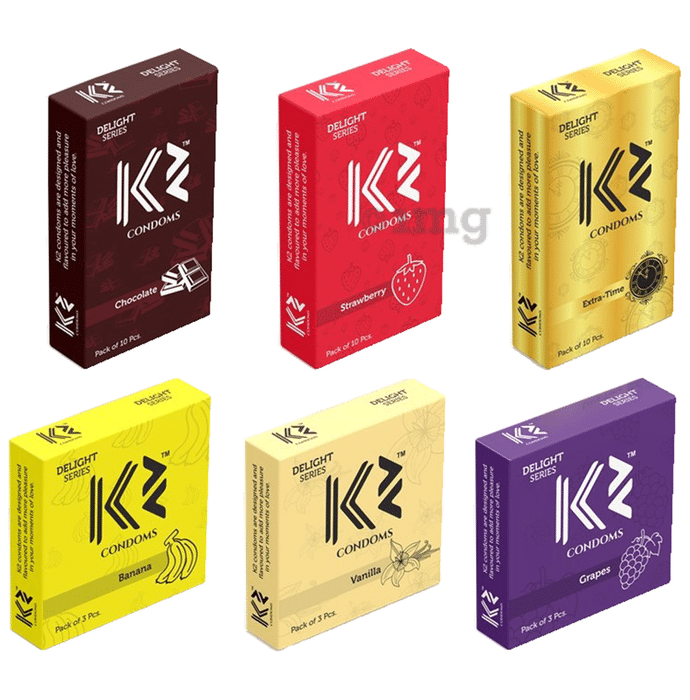 K2 Combo Pack of Dotted Condom Chocolate,Strawberry,Extra Time(10Pc Each) Banana,Vanilla,Grapes(3pc Each)