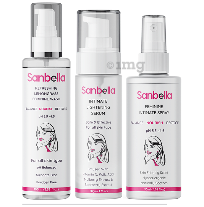 Sanbella Combo Pack of Refreshing Lemongrass Feminine Wash 100ml, Intimate Lightening Serum 50gm & Feminine Intimate Spray 50ml