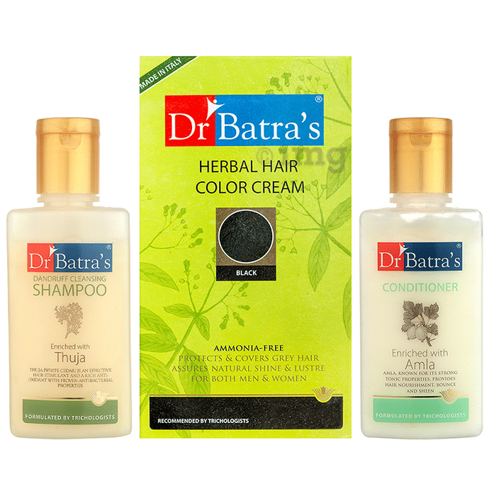 Dr Batra's Combo Pack of Conditioner 100ml, Dandruff Cleansing Shampoo 100ml and Herbal Hair Color Cream 130gm Black
