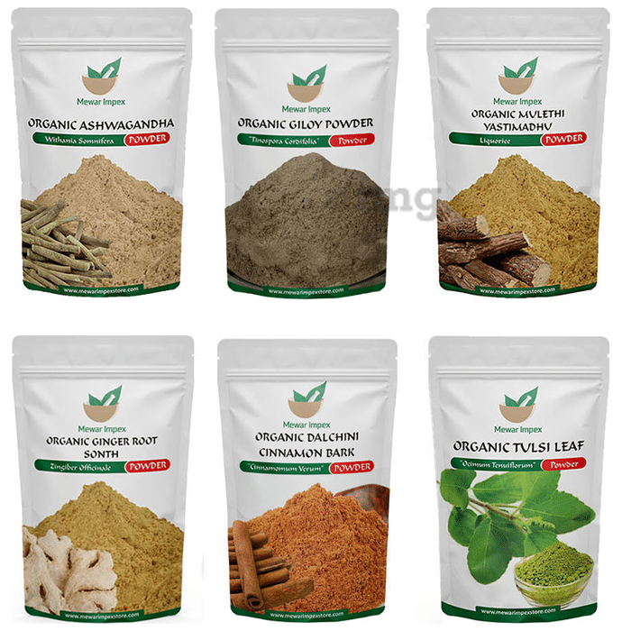 Mewar Impex Combo of 6 Giloy, Mulethi, Ashwagandha, Ginger Root, Tulsi Leaf & Dalchini Powder (100gm Each)