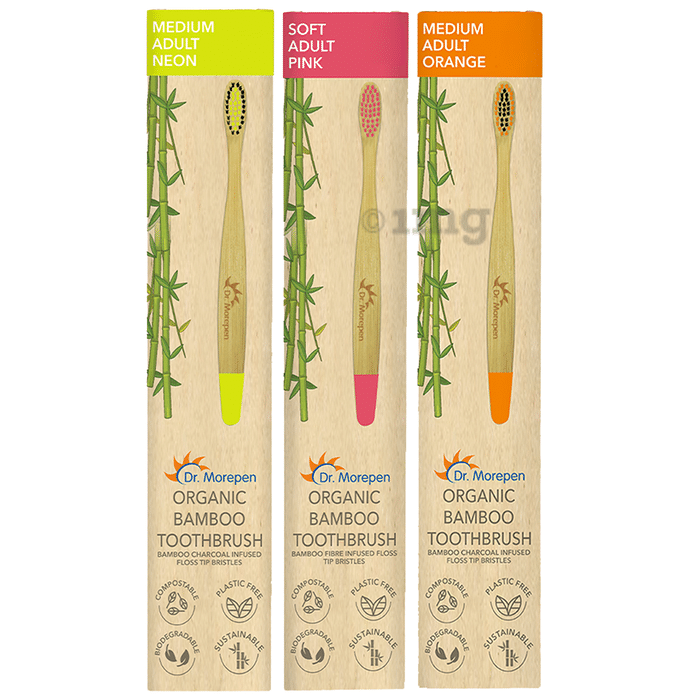 Dr. Morepen Organic Bamboo Toothbrush Adult 2 Medium & 1 Soft Neon, Pink & Orange