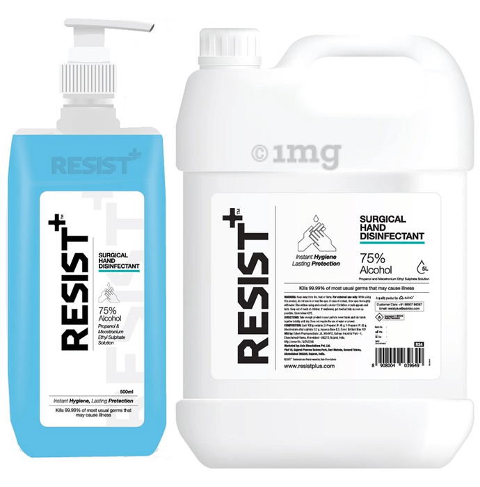 Resist+ Combo Pack of Surgical Hand Disinfectant Sanitizer 5Ltr Canister & 500ml Pump Bottle