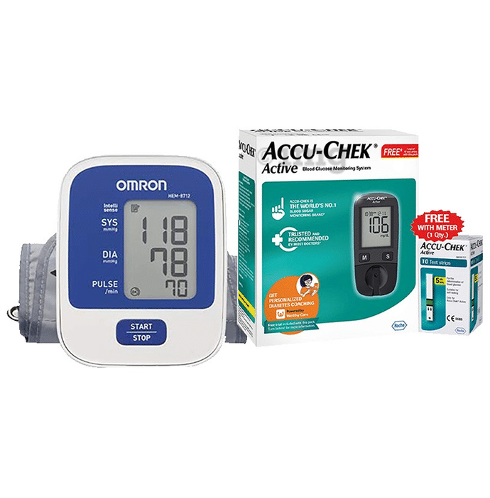 Combo Pack of Omron HEM8712 BP Monitor & Accu-Chek Active Blood Glucose Monitoring System with 10 Test Strip Free