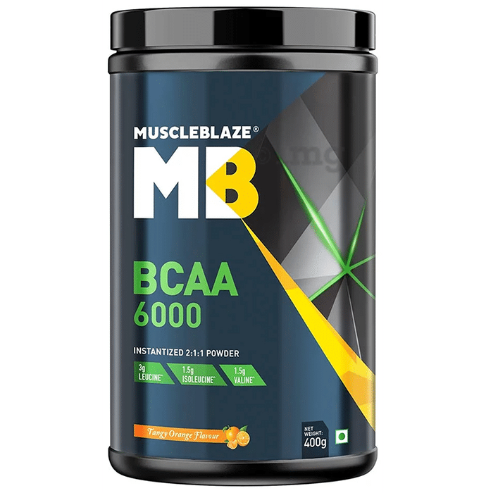 MuscleBlaze BCAA 6000 | With 2:1:1 of Leucine, Isoleucine & Valine | For Muscle Support | Flavour Powder Tangy Orange