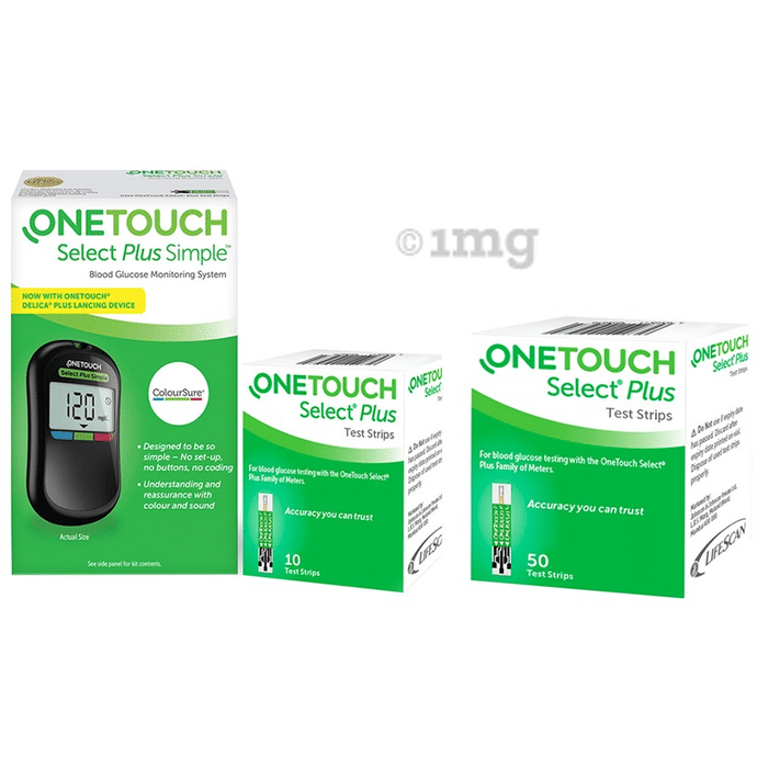 OneTouch Select Plus Combo of Simple Glucometer with 10 Free Strips & 50 Test Strips