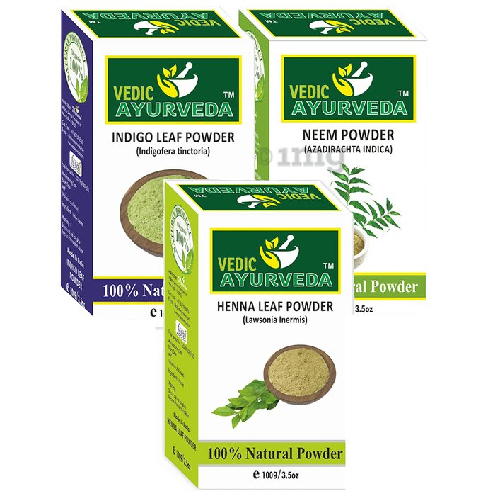 Vedic Ayurveda Combo Pack of Indigo Leaf Powder, Henna Leaf Powder & Neem Powder (100gm Each)
