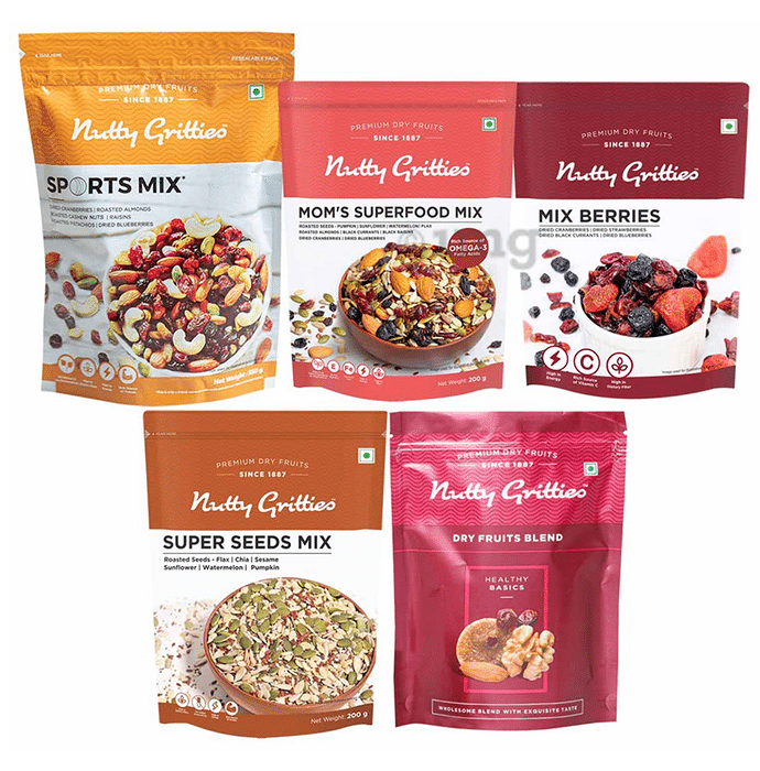 Nutty Gritties Combo Pack of Sports Mix 350gm, Mom's Superfood Mix 200gm, Mix Berries 200gm, Super Seed Mix 200gm & Dry Fruits Blend 200gm