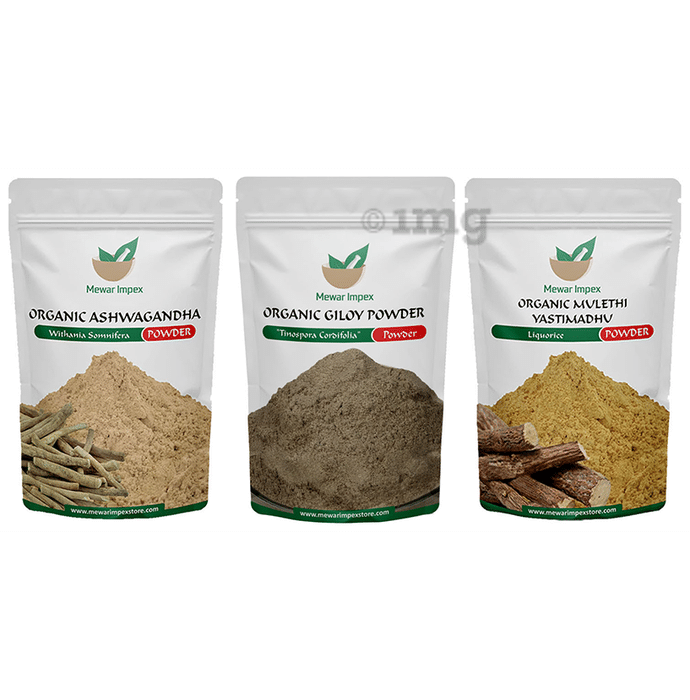 Mewar Impex Combo Pack of Organic Ashwagandha Powder, Organic Giloy Powder & Organic Mulethi Yastimadhu Powder (100gm Each)