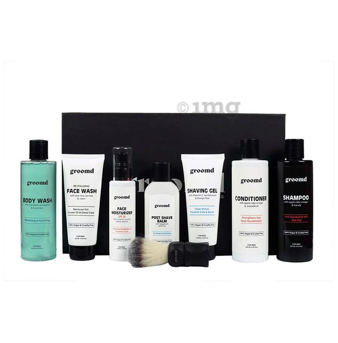 Groomd Combo Pack of Body Wash, Face Wash, Face Moisturizer, Post Shave Balm, Shvaing Gel, Hair Conditioner, Hair Shampoo & Shaving Brush for Men