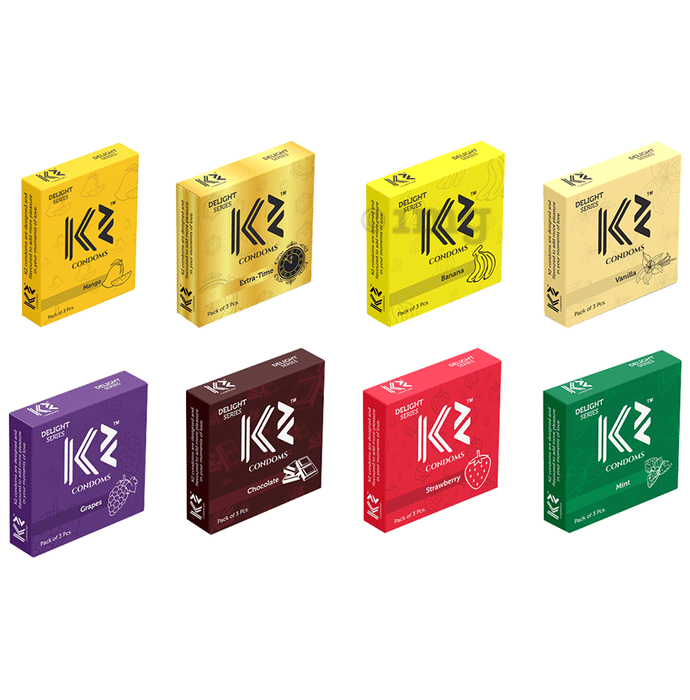 K2 Delight Series Combo Pack of  Assorted Flavour Dotted Condom Chocolate, Strawberry, Banana, Mint, Vanilla, Grapes, Extra-Time, Mango