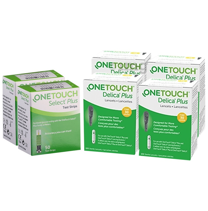 Combo of 2 Pack of OneTouch Select Plus Test Strip (50 Each) & 4 Pack of OneTouch Delica Plus Lancet (25 Each)