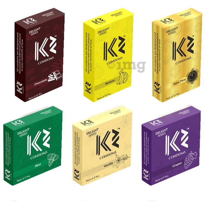 K2 Combo Pack of Dotted Condom Chocolate,Banana,Extra Time(10Pc Each) Mint,Vanilla,Grapes(3pc Each)