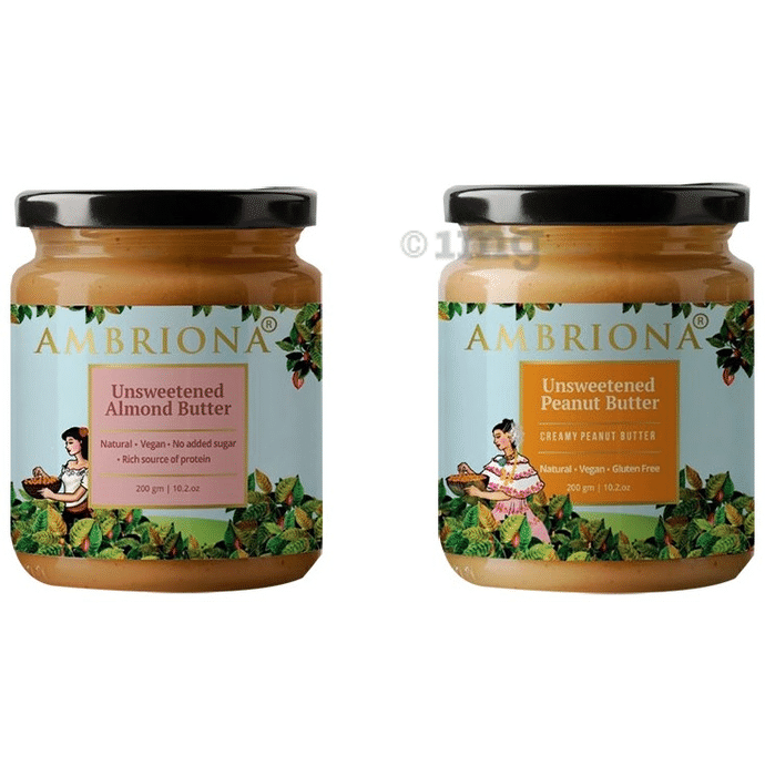Ambriona Combo Pack of Unsweetened Almond Butter & Unsweetened Peanut Butter (200gm Each)