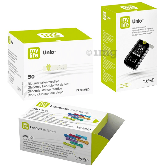 My life Combo Pack of Unio Blood Glucose Monitoring System with 10 Strips, Blood Glucose 50 Test Strips & 30G Multicolor 200 Lancets