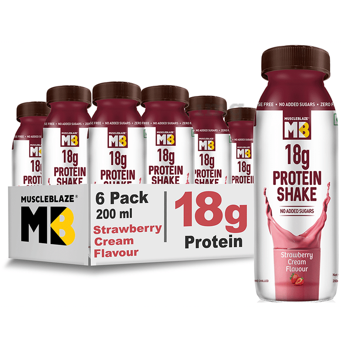 MuscleBlaze 18g Protein Shake (200ml Each) | No Added Sugars | Flavour Strawberry Cream
