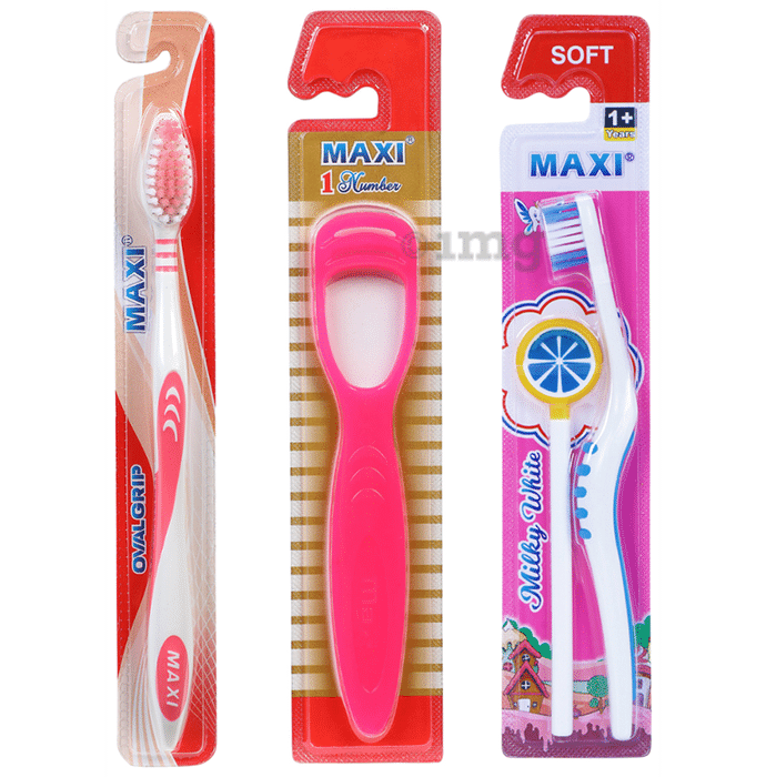 Maxi Oral Care Combo Pack of Oval Grip Soft Toothbrush , 1 Number Tongue Cleaner & Milky White Baby Soft Toothbrush and Tongue Cleaner