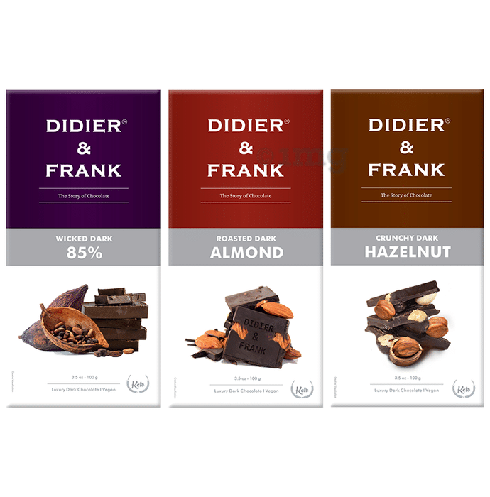 Didier & Frank Wicked Dark 85%, Roasted Dark Almond & Crunchy Dark Hazelnut Chocolate (100gm Each)