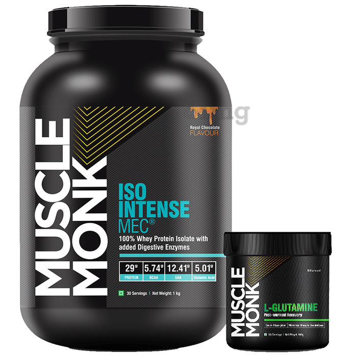 Muscle Monk Combo Pack of Iso Intense MEC 100% Whey Protein 1kg & L-Glutamine 100gm Royal Chocolate & Unflavoured