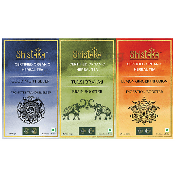 Shistaka Combo Pack of Certified Organic Herbal Tea (1.8gm Each) Good Night Sleep,Tulsi Brahmi & Lemon Ginger Infusion