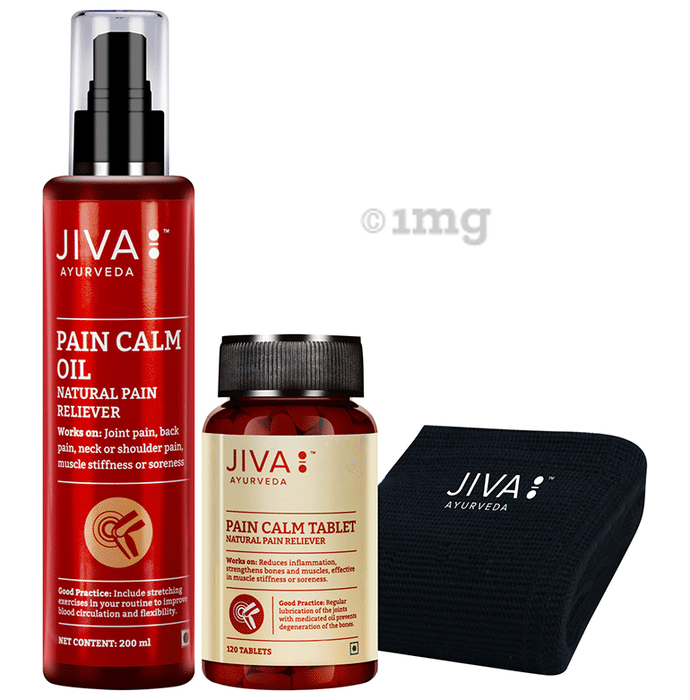 Jiva Ayurveda Combo Pack of Pain Calm Oil 200ml & Pain Calm 120 Tablet with Knee Cap Free